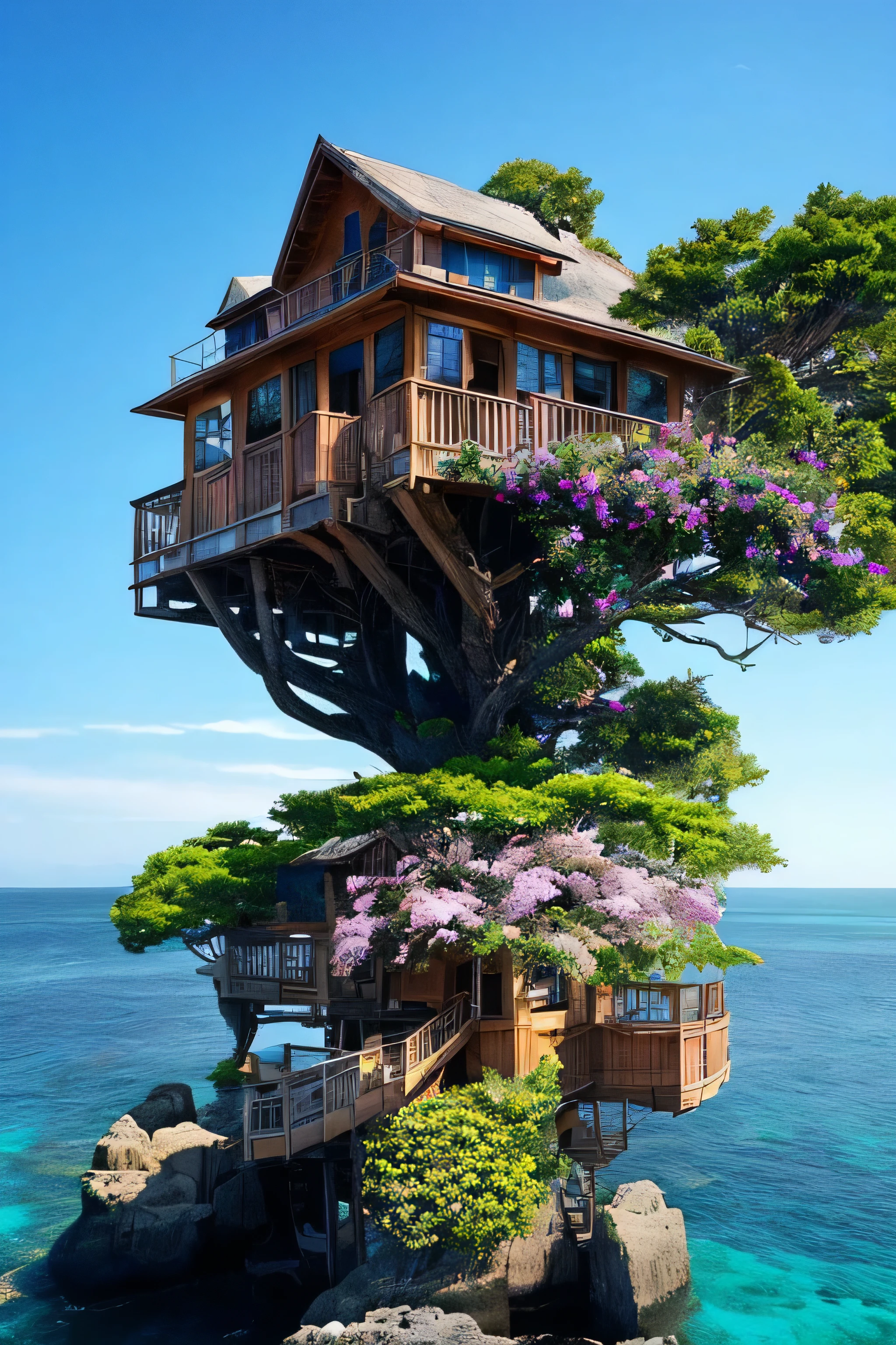 Perfection The Coolest tree house on a large rock in the middle of the sea with flowers in front of the house and trees on both sides of the house
