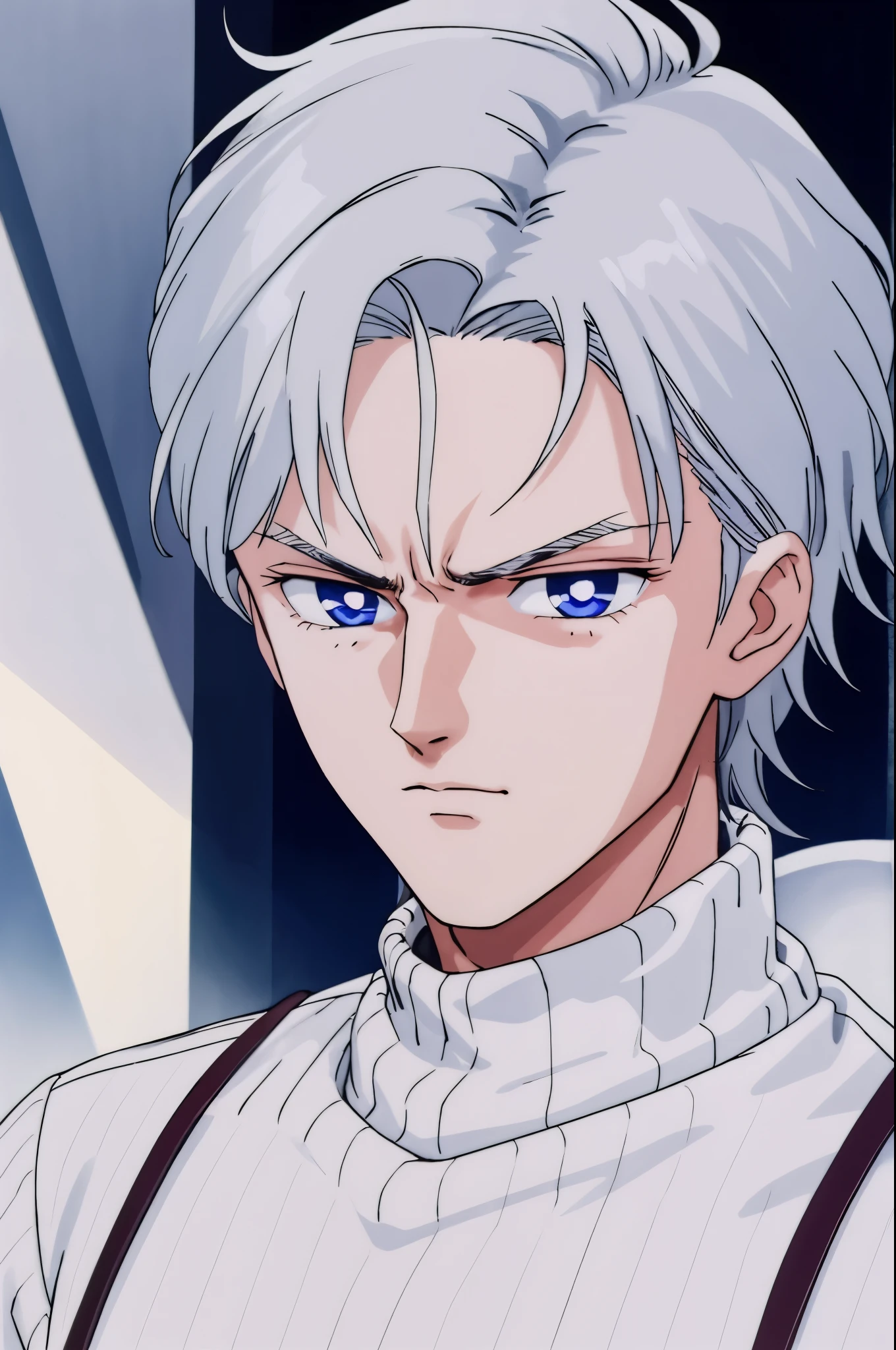 Boy, silver hair, blue eyes, serious sharp features, white skin, handsome, sweater