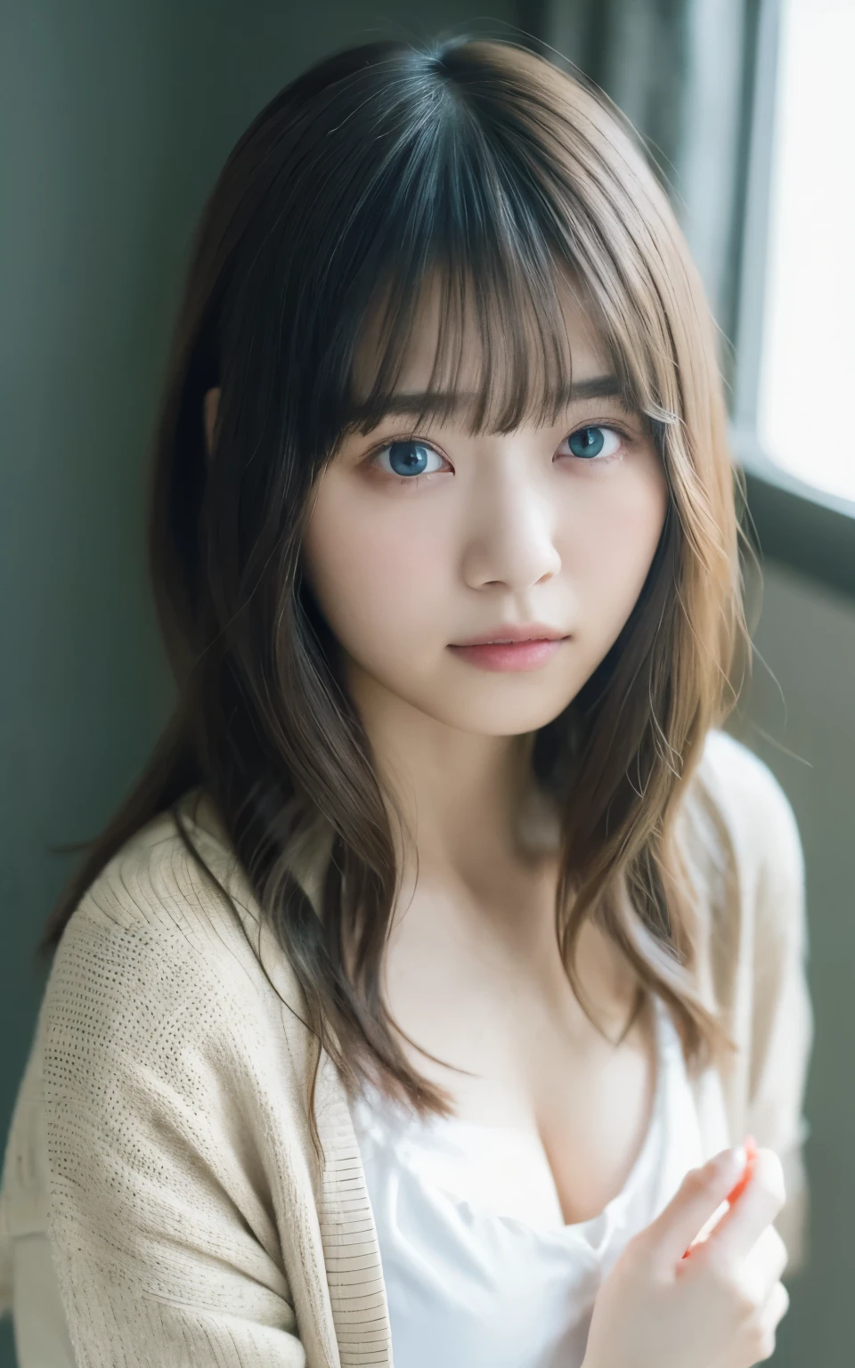 masterpiece, highest quality, 8k, 20th Generation, Large Breasts, cute, alone, sad, cute, Girlish, Delicate girl, Pure beauty, RAW Photos, Professional photography, Portraiture, Soft Light, Professional Lighting, Backlight, Head to Knee, avert your eyes, Sophisticated, Film Grain, (Eyes and facial details:1.0), Short floating hair, Beautiful, flowing hair, bangs, (Loose cardigan(Beige))、(Large Breasts:1.0)、You can see a little cleavage、Micro Mini Skirt、Voluptuous thighs、Dolly Makeup、Color Contact Lenses、One green eye、The other has blue eyes