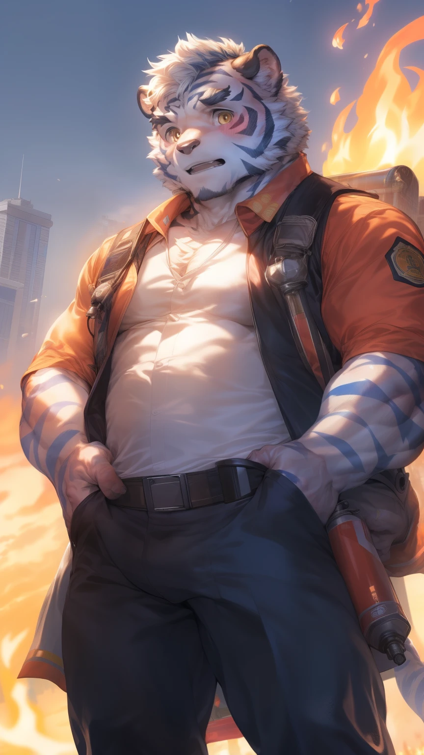 (through empty ghost, From thebigslick, through dark gems, Will chase), Keyuan Tower (Onmyoji Daisenji Temple), High quality photos, Perfect anatomical structure, Anthropomorphic white tiger, Men, 26 years old, thick eyebrows, (short hair:1.5), Light blue stripes, tall, strong, Firemen, Open neckline, Small bump, Hold a fire extinguisher, standing in front of fire truck, Shy expression, blush, Golden pupils, Look at the audience, Clear facial features, strong, Solitary, solo, Front view, Full body image, High-rise buildings，Correct gestures