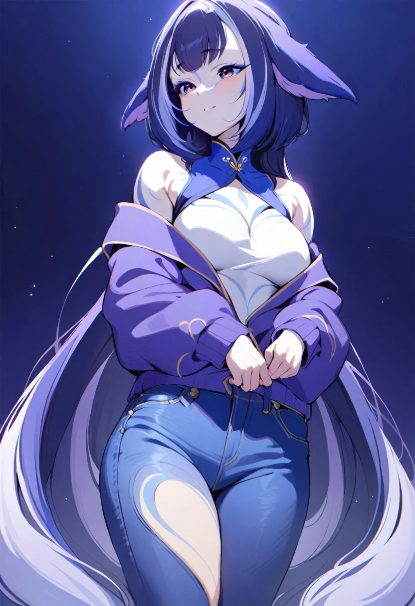 (shylily/(Twich/):1.5),(masterpiece:1.2),(best quality:1.2),, 1 girl, Solitary , Sexy , Purple Jacket , Tailored jeans , (Cowboy shooting) ,  (White top)