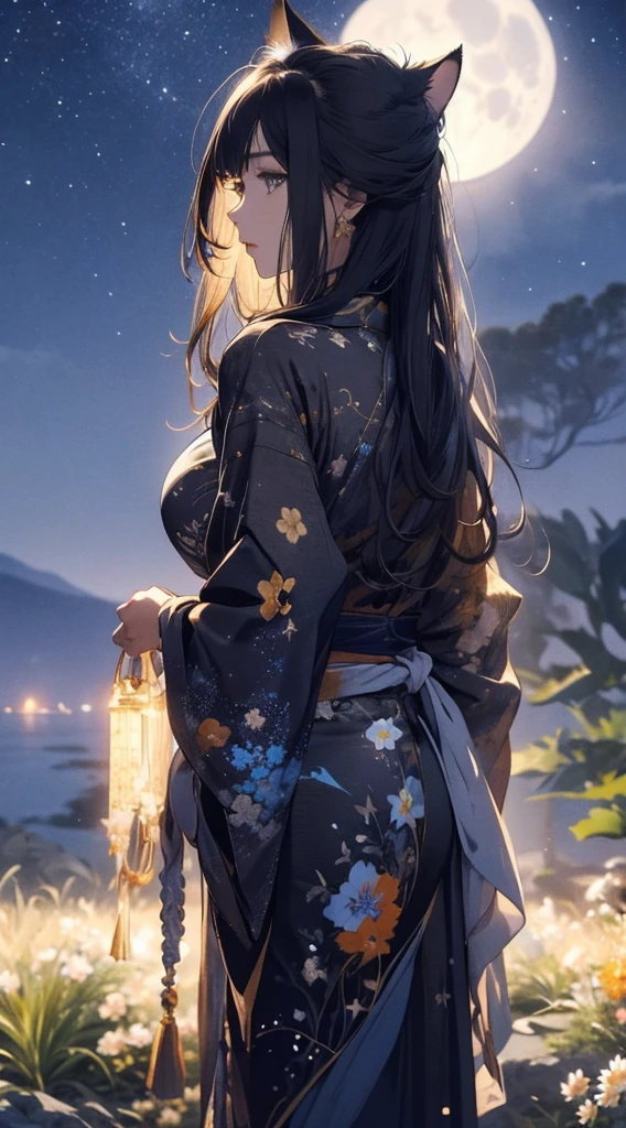masterpiece, high quality, 4K, Beautiful long hair design,, Back view,silhouette, 非常に詳細な夜のStarry Sky,Flower Field, wonderful, Finer details, Very knowledgeable woman, Highly detailed solo, 1 female,Cat ear,Big Breasts,kimono,Night view,Starry Sky,full moon,