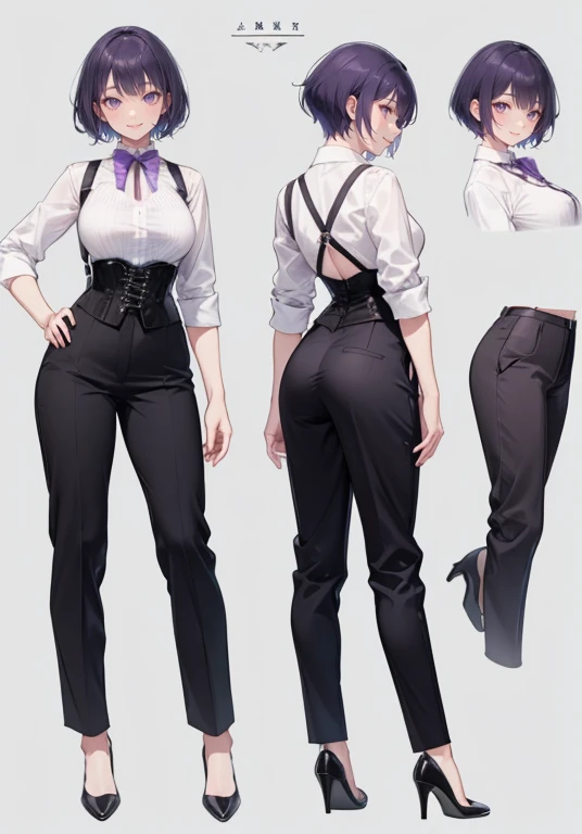 Purple hair,short cut hair,Adult female,Bartender,((Body harness)),((Rolling up your sleeves shirt)),(Corset),(slacks),(slit),High heels,((Simple background)),Smile,((Full body)),((whole body)),Character Sheet,
