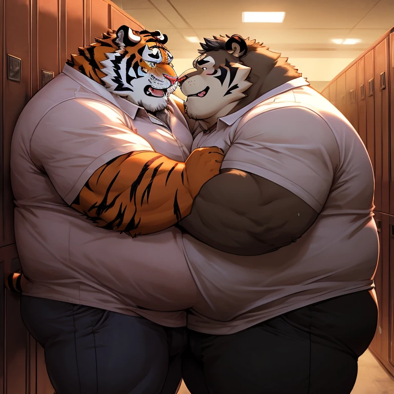 Obese, Chubby , male , furry, fluffy, salivating , wet, kissing , Hug , climaxing face , clothes, wet clothes, sexual, duo daddy boss tiger, fat, big ass, fat butt, obese fat belly, big belly, obese belly, hugging with love, Grab belly fat.
(Extremely Romantic and warm atmosphere, masterpiece) , tight work attire, tight white shirt, black tie, very tight shirt, big belly, very fat belly, belly to belly, sweating, duo fat belly crushed, obese belly crushed, belly crushed, big belly, locker room, dark, night time, no light, belly to belly, Grab belly fat, very obese, very fat, very huge fat belly, duo anthro obese daddy boss tiger, duo tiger, duo obese tiger, Duo daddy tiger.
