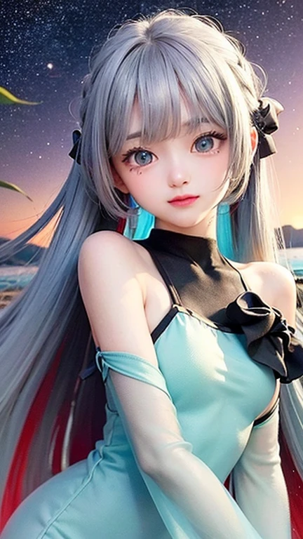(highest quality, masterpiece), One Girl, Twin tails、stop temporarily, particle, Wind, flower, Upper Body, Simple Background, View your audience, , milky way,smile、Turquoise Eyes、（Silver long hair）、Red eyeshadow、flower柄、See-through、Black bodysuit king、Braid、Twin tails、Wind、Crescent Moon