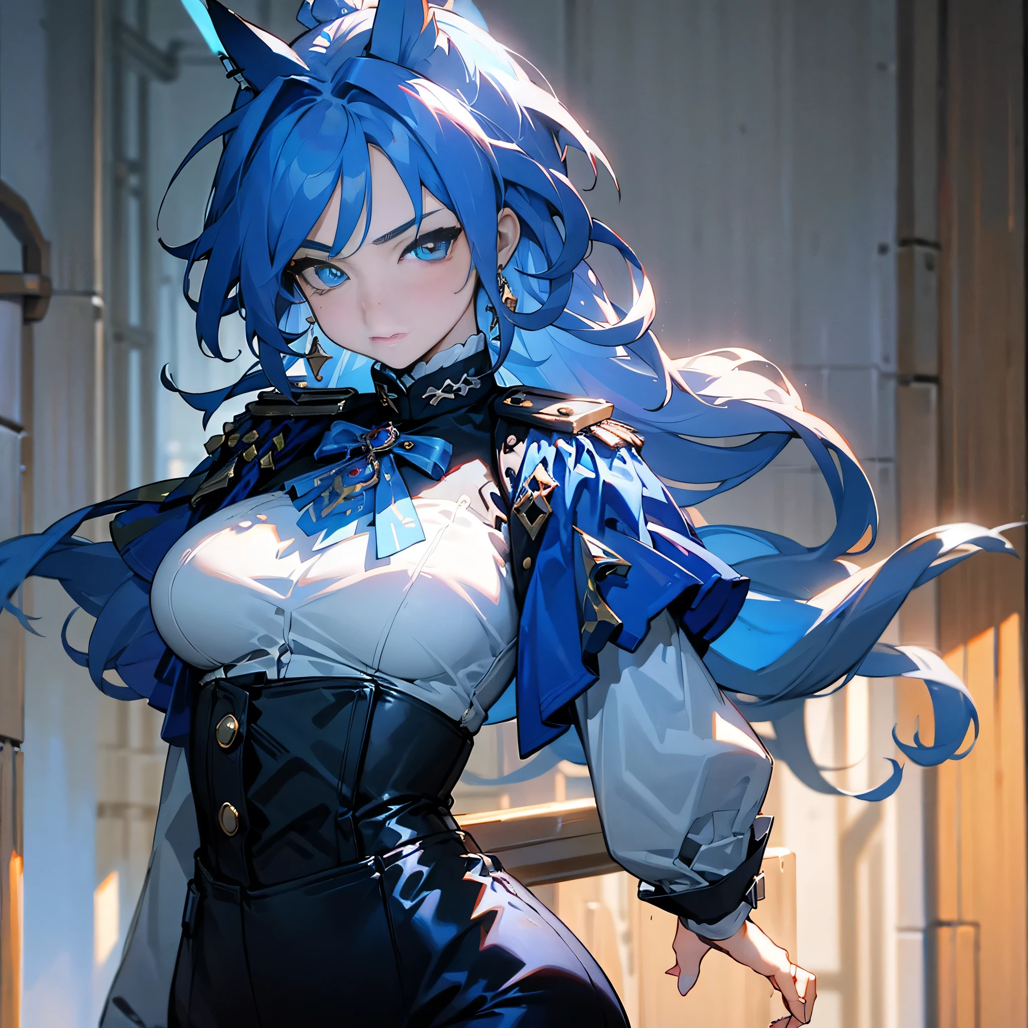 Perfect face，Beautiful blue pupils，Cat ear，lavender curls，Help with ponytail，Waist-length hair，High cold queen，Behave in a respectful manner，The left side of the hair is long and clipped with a white crescent-shaped hairpin, and the right side is short.（curls），Clothes are mainly blue and white，High waist pants