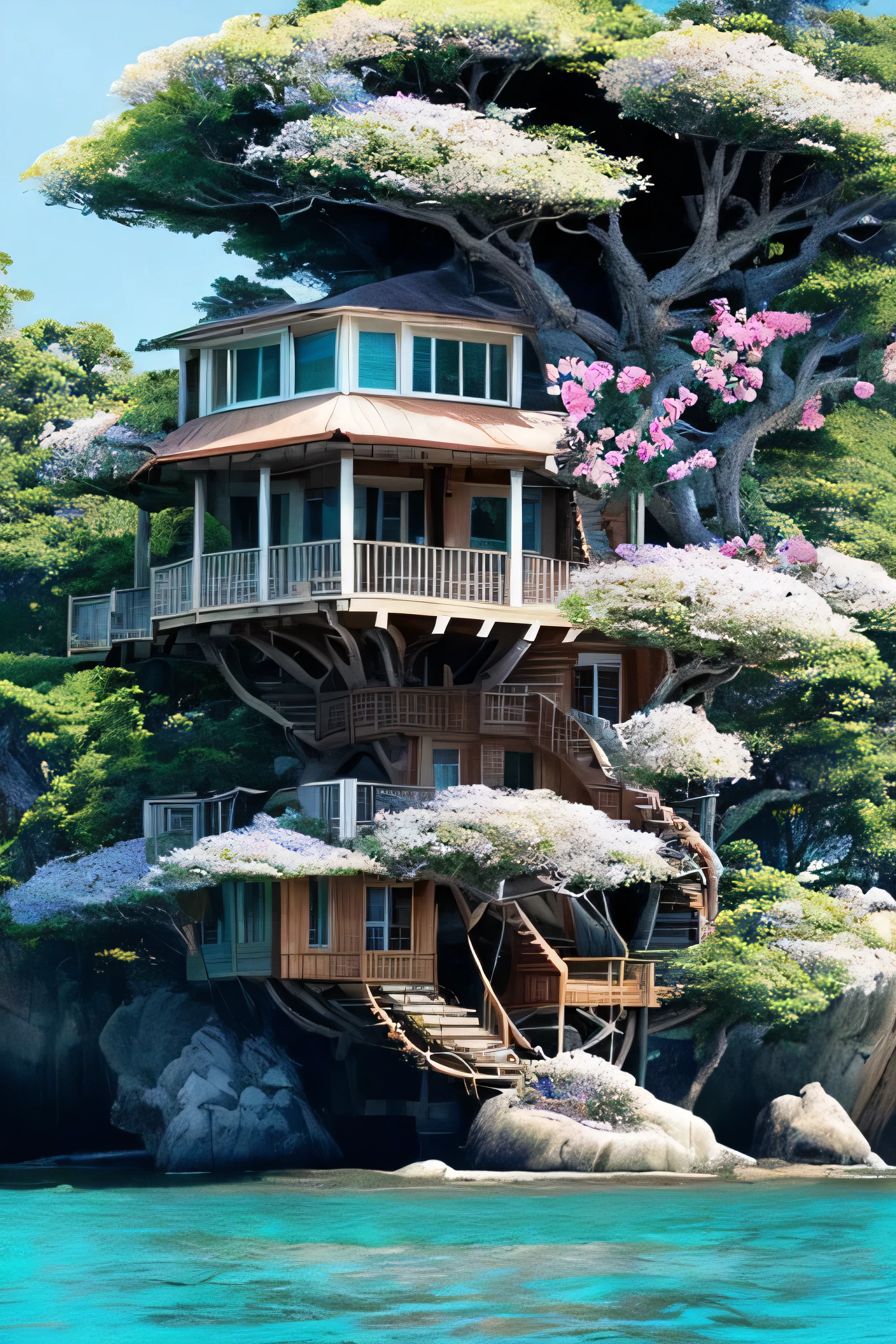 Perfection The Coolest tree house on a large rock in the middle of the sea with flowers in front of the house and trees on both sides of the house
