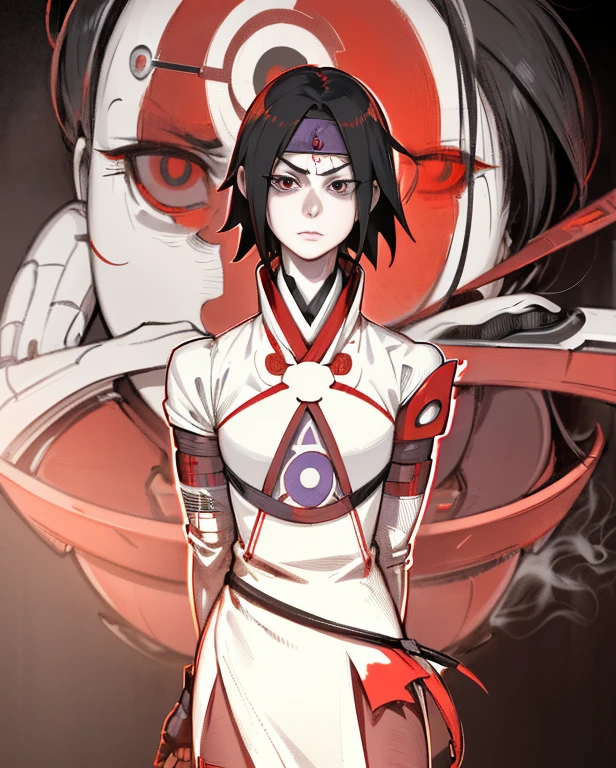 Sasuke uchiha with sharingan eyes, Robot, drone, science fiction, no human, xeno, tall slender person, athletic, pale skin, white skin, short purple hair, red eyes, crazy smile, robotic face, red display, round face, robotic wings, robotic limbs, sharp long claws, white tight shirt, open shoulder, sleeves, white gloves, tight clothe, armor skirt, metal boots, high boots, black sun, red sunlight, looking at viewer, angry, intimidating gaze, drawing style, dynamic light, ultra detail, extremely detailed CG, micro intricate, highly detailed skin, highly detailed face, (best quality,highres,ultra-detailed,realistic:1.37),portrait,studio lighting,black and white,moody,sasuke uchiha,action pose,dark clothes,half closed eyes,intense expression,wind-blown hair,sharingan eyes,sharp focus,background:konoha village,hidden leaf village symbol,smoke effect,blurry foreground