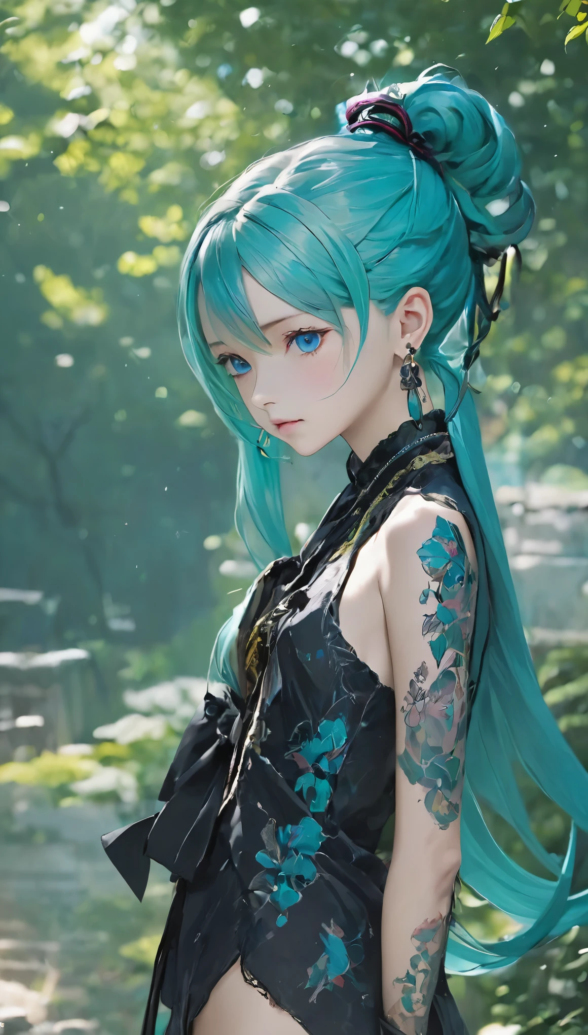 hair ornaments、Earrings、tattoo、Goth_punk, 1 girl, alone,、highest quality, Realistic, Super delicate illustration, Beautiful and attractive anime girl, miku hatsune, Slender body, Tied Hair, One Girl, Girl Photos, Full Body Shot, Beautiful Blue Eyes, looked back,ear nipple ring、hair ornaments、gem、miku hatsune、