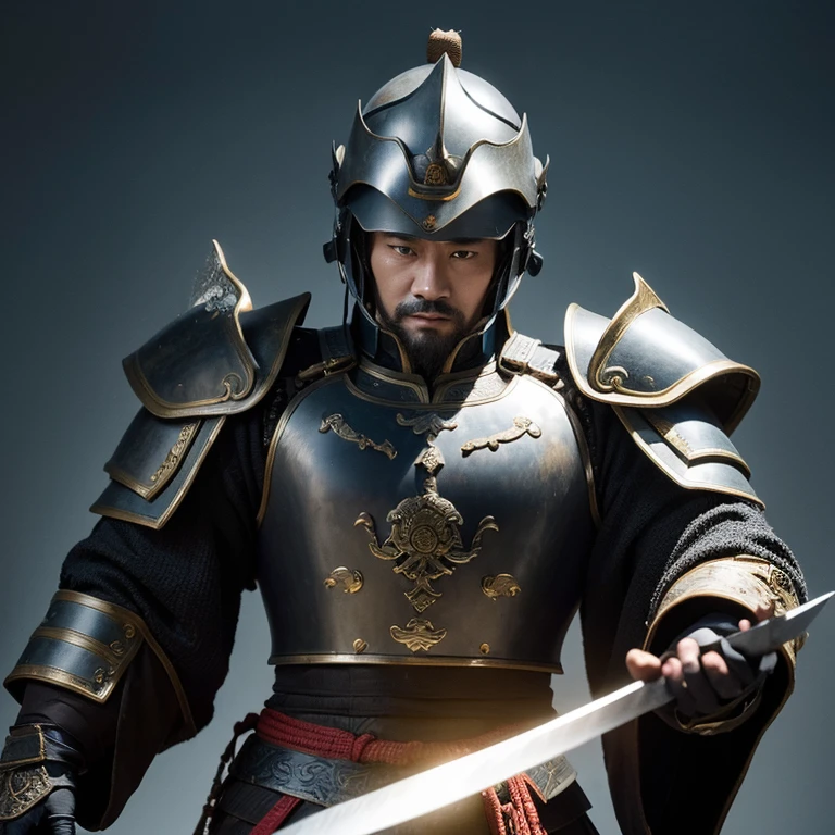 Chinese Ming Dynasty Heavy Armored General,Wear a hat and helmet,Iron color floodlight,Shoulder swallower,Chest Breastplate,Hold a long knife in your hand,Detailed description of characters,HD photo effects。