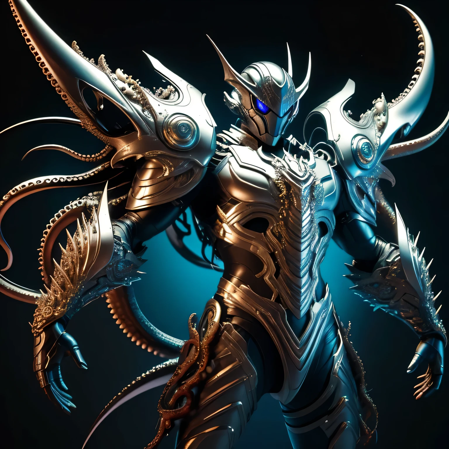 best quality)), ((masterpiece)), (detailed), perfect face, Black and Bright Silver coloring, Octopus Kamen Rider, Underwater background, Single person, Sleek Octopus Armor, Full Body, Octopus Base, Evil Kamen Rider, 1 male, Octopus Design, tentacle whip, Round Armor