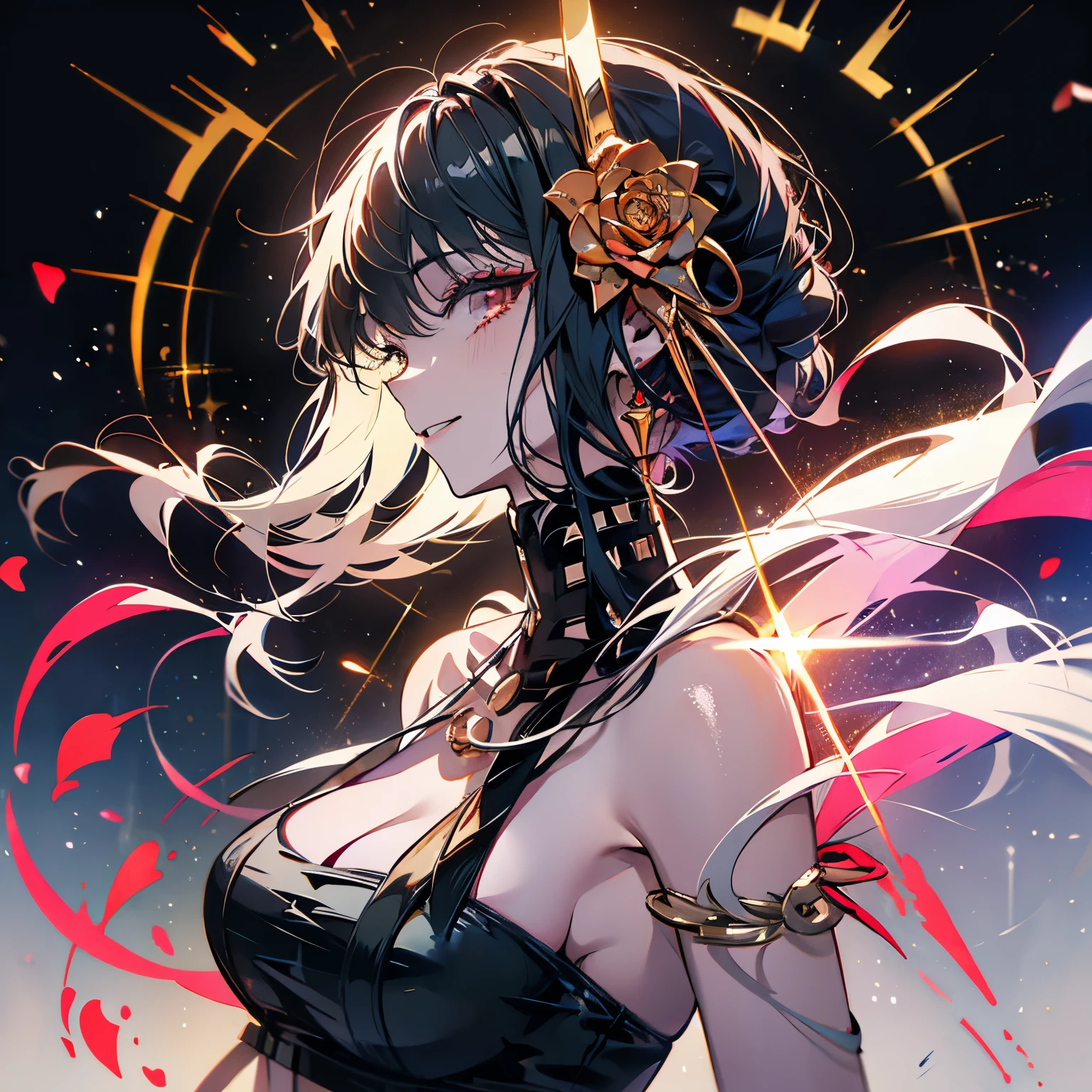 Masterpiece、Yolfoger、Black Hair、smile、Red Eyes、night、full moon、Gold rose hair ornament