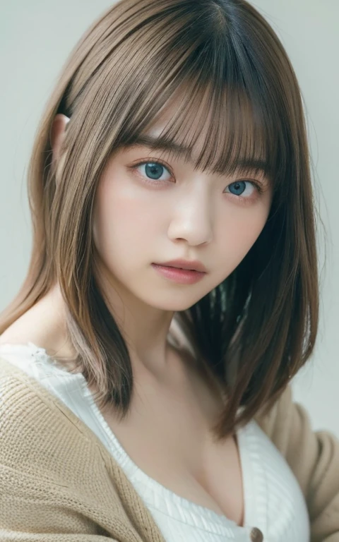 masterpiece, highest quality, 8k, 20th Generation, Large Breasts, cute, alone, sad, cute, Girlish, Delicate girl, Pure beauty, RAW Photos, Professional photography, Portraiture, Soft Light, Professional Lighting, Backlight, Head to Knee, avert your eyes, Sophisticated, Film Grain, (Eyes and facial details:1.0), Short floating hair, Beautiful, flowing hair, bangs, (Loose cardigan(Beige))、(Large Breasts:1.0)、You can see a little cleavage、Micro Mini Skirt、Voluptuous thighs、Dolly Makeup、Color Contact Lenses、One green eye、The other has blue eyes