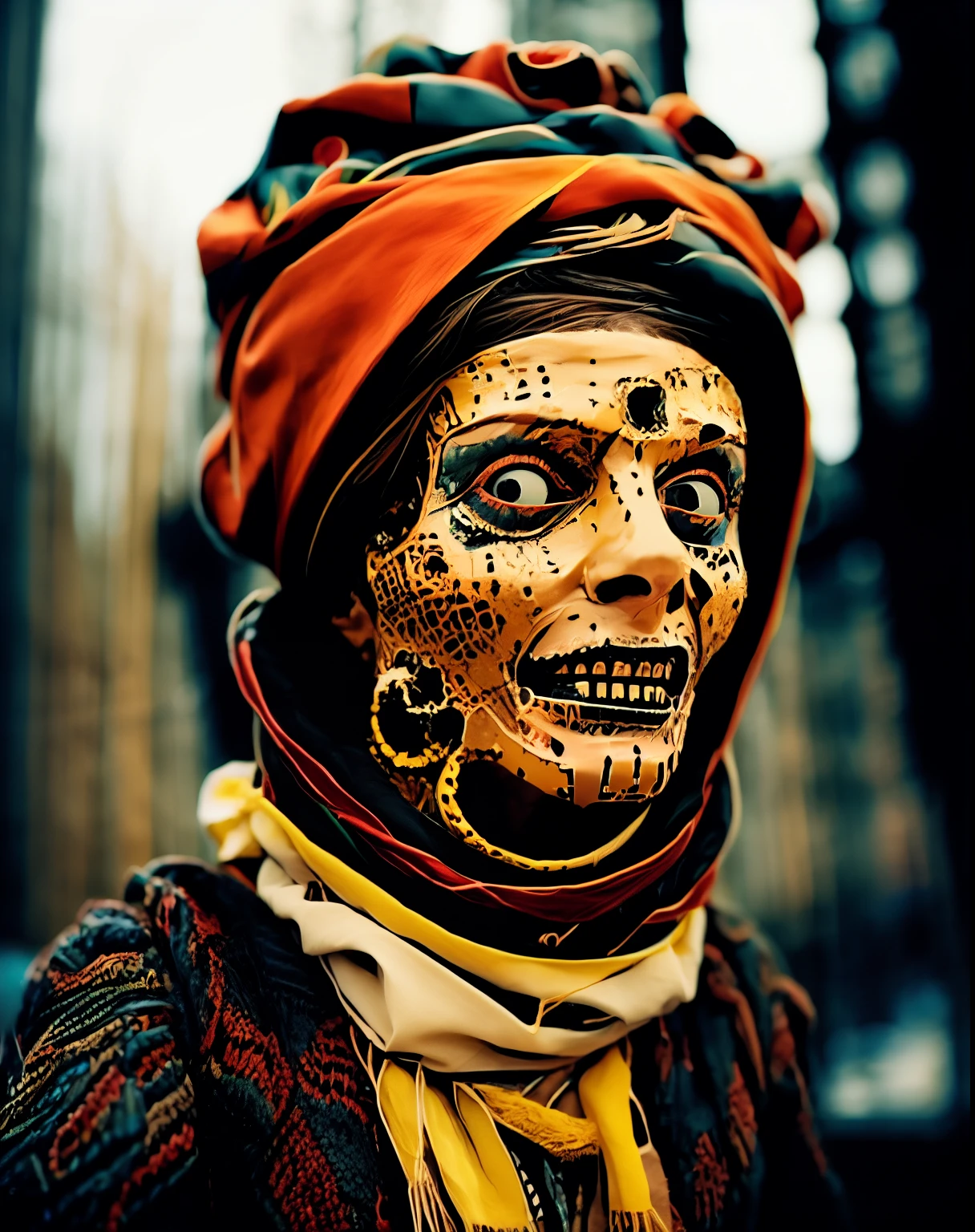 Creepy portrait of a woman in a scarf。Wearing a scarf on her head