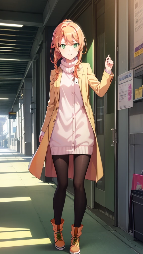 irohaisshiki, iroha isshiki, long hair, short braided hair,ponytail, orange hair, (green eyes:1.5), smile,Yellow muffler,Pink long coat there is space in front,white sweater,black long skirt,black pantyhose,short boots,Asahi,campus life、Break outdoors on the way to school, University buildings,
break looking at viewer,
break (masterpiece:1.2), highest quality, High resolution, unity 8k wallpaper, (shape:0.8), (fine and beautiful eyes:1.6), highly detailed face, perfect lighting, Very detailed CG, (perfect hands, perfect anatomy),