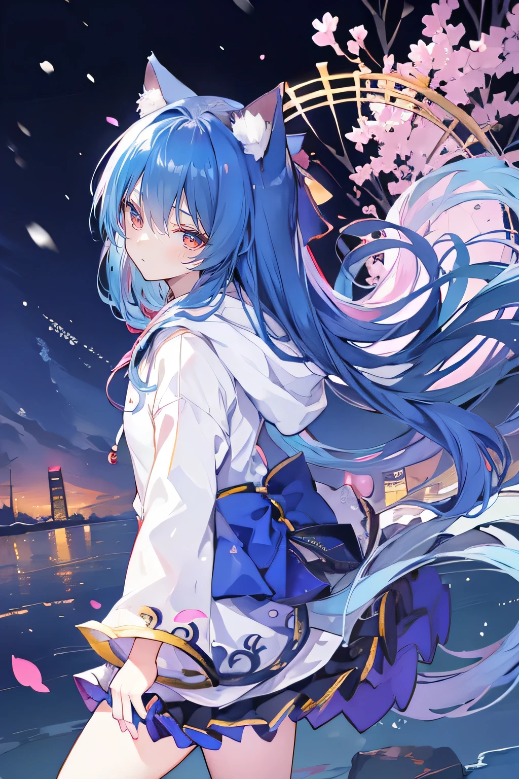 (masterpiece:1.2),Super detailed,lifelike,Expressive eyes,fair skin,perfect face shape,1 girl,
Japanese comics,Gorgeous blue hair,flowing blue hair,flowing clothes,Cat ears,Petals fall,beautiful lola,Baby Angel,
Shaking head with one hand,Cross your legs,Gentle and peaceful background,The pavilion is cool and comfortable,smile, wearing hoodie, background of tokyo,back views,snowing, winter.
