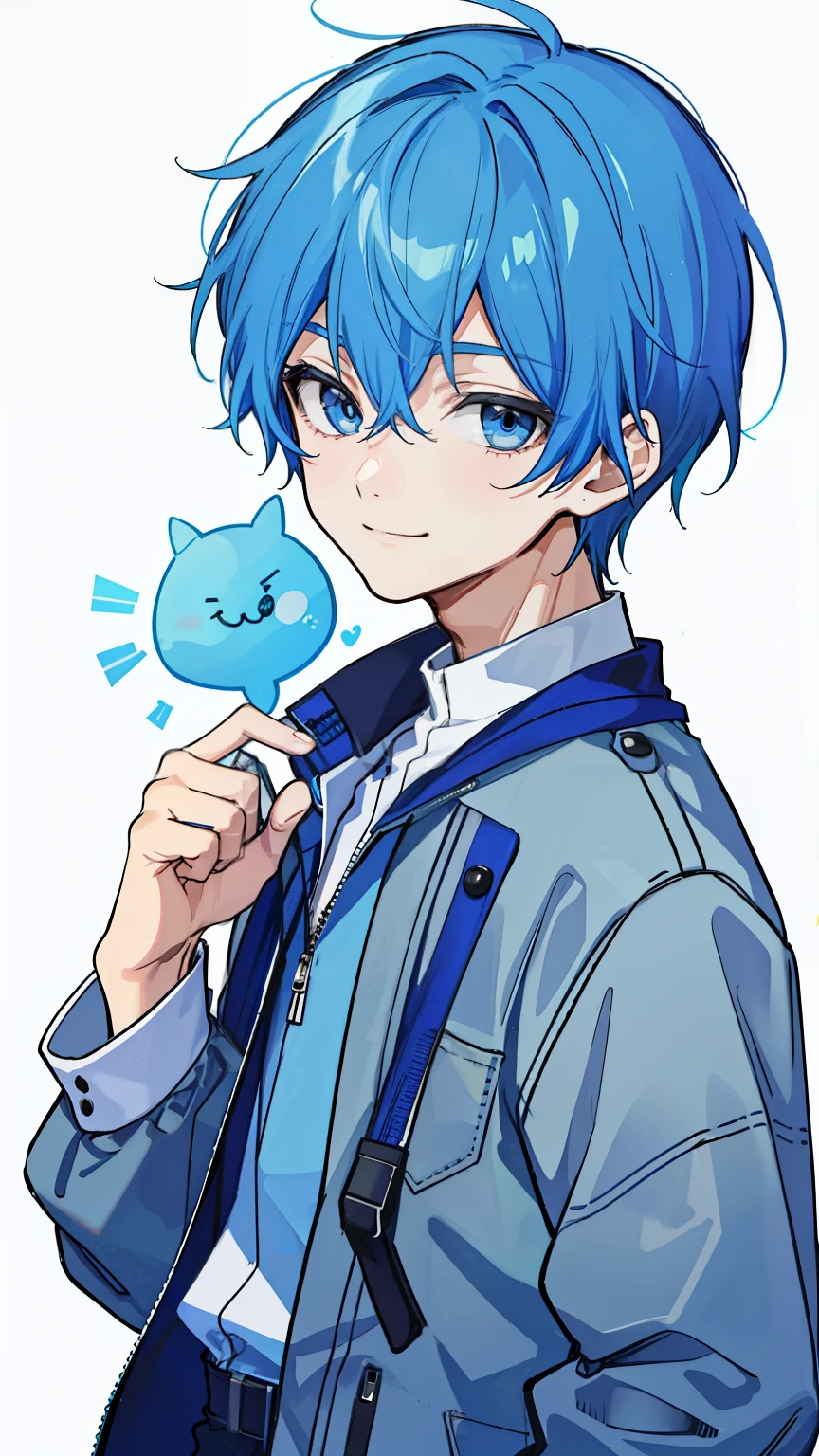 1 boy, blue hair, whole body, gentle smile