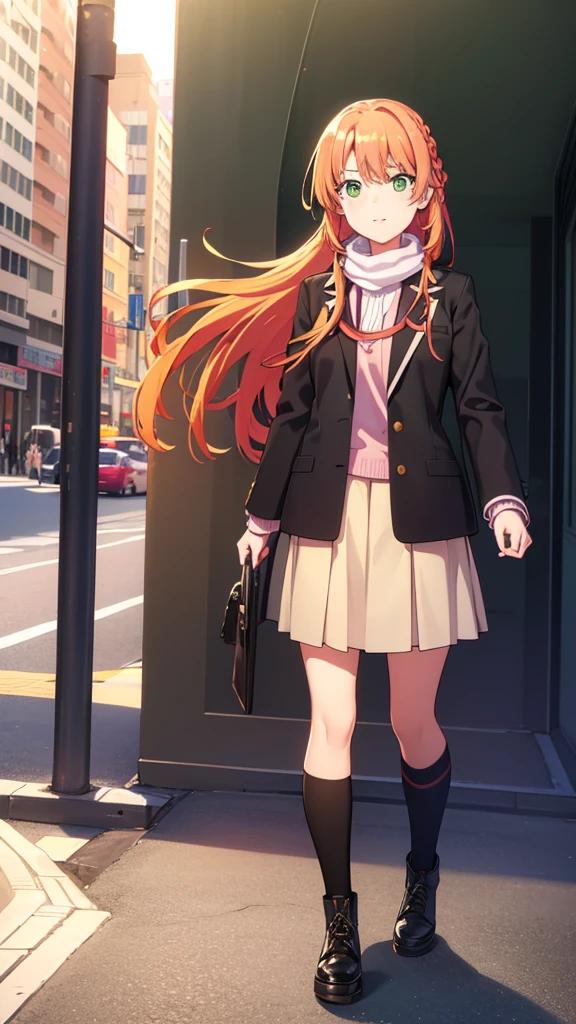 irohaisshiki, iroha isshiki, long hair, short braided hair,ponytail, orange hair, (green eyes:1.5), smile,Yellow muffler,Pink long coat　there is space in front,white sweater,black long skirt,black pantyhose,short boots,Asahi,campus life、Break outdoors on the way to school, University buildings,
break looking at viewer,
break (masterpiece:1.2), highest quality, High resolution, unity 8k wallpaper, (shape:0.8), (fine and beautiful eyes:1.6), highly detailed face, perfect lighting, Very detailed CG, (perfect hands, perfect anatomy),