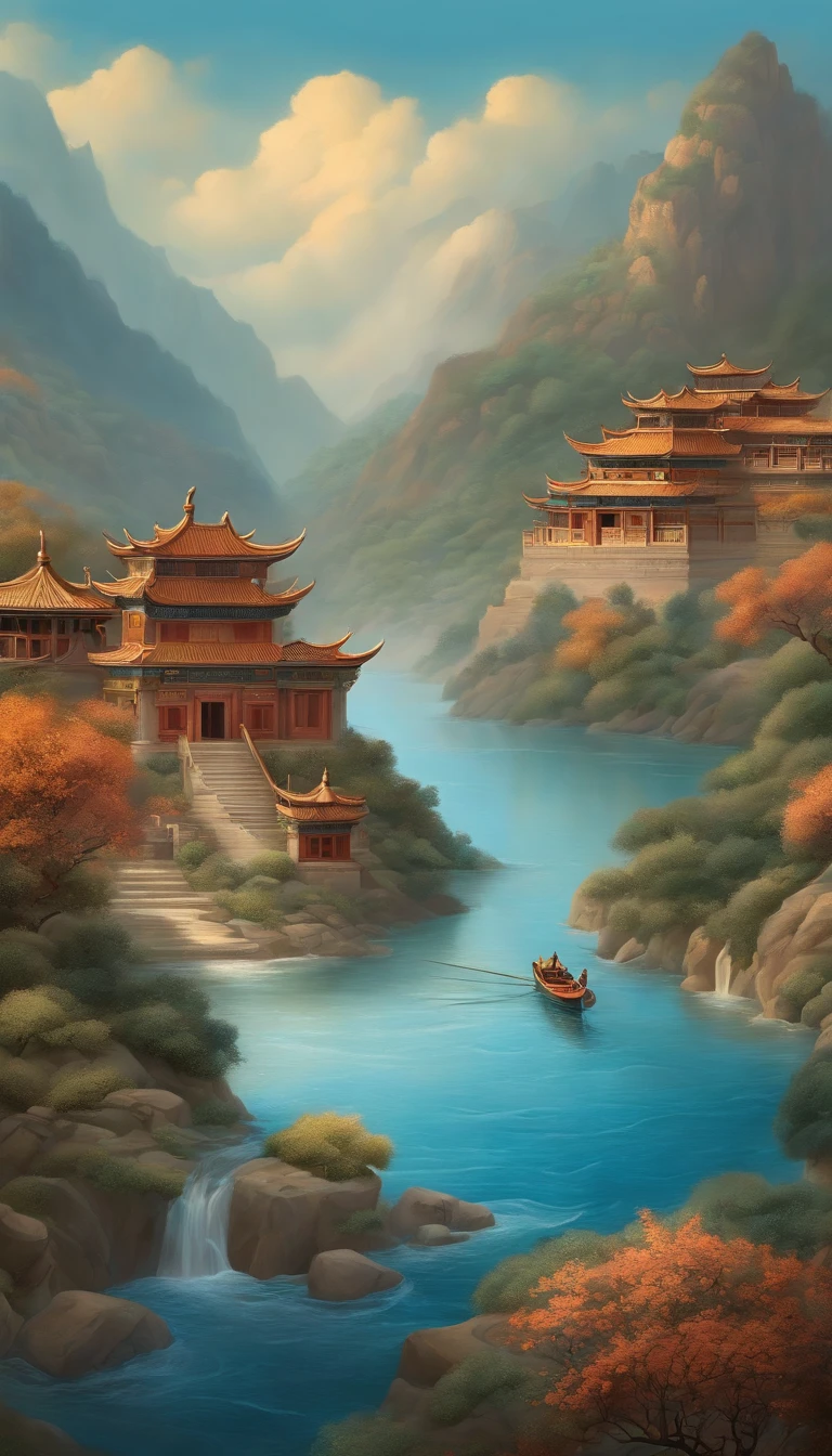 Chinese illustration on a blue background, Auspicious Clouds, 16K, 3D, Pastel, canyon stream, Boat, pine, Mountains, many houses, many ancient buildings, Paper Roll Art, Tunnel composition, warm light, Ultra HD, elevationperspective,Surreal, Keep Color, Fine details, sparse field, Epic details