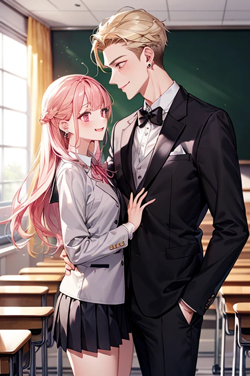1 male(school uniform、Black tie、The jacket is a gray jacket, White shirt, Grey trousers、one ear only, 1 earring,、Blonde、Golden Eyes、Laughter、expensive、Handsome、refresh)、1 Female(Long pink hair、Pink Eyes、short、Beautiful breasts、White shirt、Red ribbon、、black pleated mini skirt)、(((Couple、make out)))、Laughter、classroom、Height difference