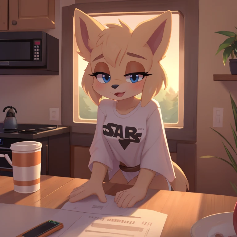 Score_9, score_8up, highres, 1girl, rating_suggestive, lop (star wars visions), furry, blue eyes, loving eyes, sleepy, drowsy, (small breasts), blushing, oversized shirt, sitting at a kitchen table, dawn, morning, holding a cup of coffee, sitting next to pov, ((saying, "good morning")), sfw, wallpaper