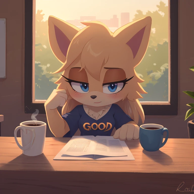 Score_9, score_8up, highres, 1girl, rating_suggestive, lop (star wars visions), furry, blue eyes, loving eyes, sleepy, drowsy, (small breasts), blushing, oversized shirt, sitting at a kitchen table, dawn, morning, holding a cup of coffee, sitting next to pov, ((saying, "good morning")), sfw, wallpaper