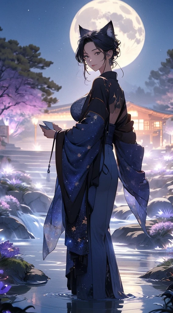 masterpiece, high quality, 4K, Beautiful design, Back view,silhouette， 非常に詳細な夜のStarry Sky,Flower Field， wonderful, Finer details,  Very knowledgeable woman, Highly detailed solo, 1 female,Cat ear，Big Breasts，kimono，Night view，Starry Sky，full moon，