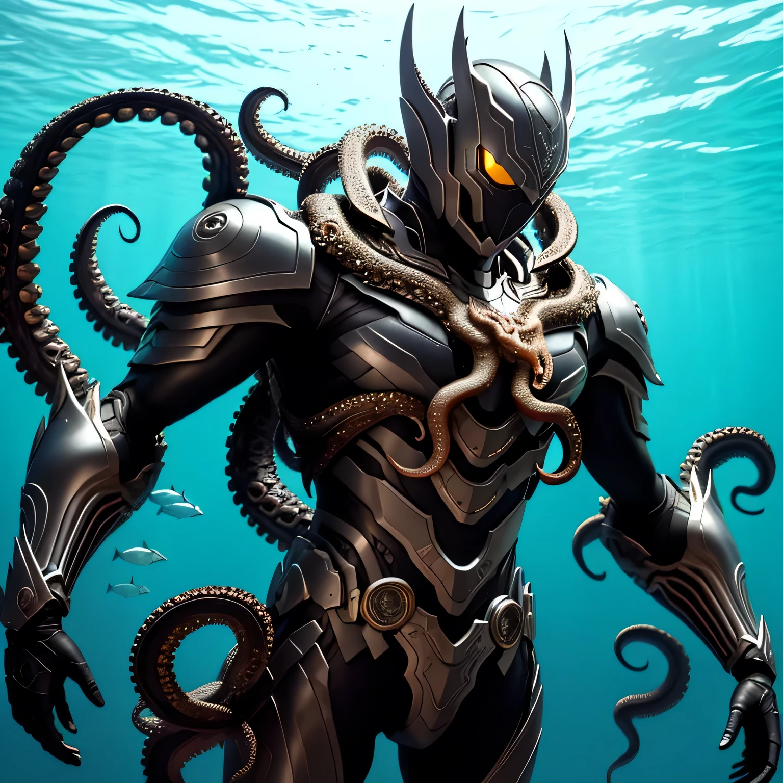 best quality)), ((masterpiece)), (detailed), perfect face, Black and Bright Silver coloring, Octopus Kamen Rider, Underwater background, Single person, Sleek Octopus Armor, Full Body, Octopus Base, Evil Kamen Rider, 1 male, Octopus Design, tentacle whip, Round Armor