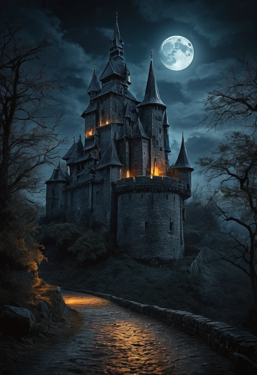 (best quality, high resolution, Terror Castle，Dark atmosphere，moon