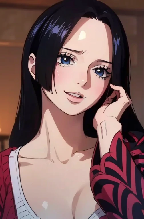 best quality, masterpiece, highly detailed,1girl, Boa Hancock, (masterpiece:1.5), Detailed Photo, Smiling, Sexy, (8K, Photorealistic, Best Quality: 1.4), (1girl), Beautiful Face, (anime realistic Face), (Black Hair, long Hair: 1.3), Beautiful Hairstyle, Realistic eyes, beautiful detail eyes, (realistic skin), beautiful skin, (sweater), absurd, attractive, ultra high resolution, ultra realistic, high definition, golden ratio, (sexually aroused:1.5), wear a white bra
