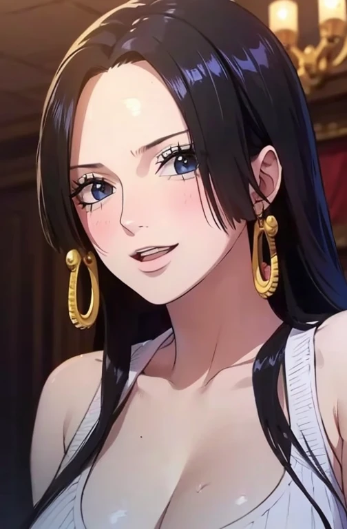 best quality, masterpiece, highly detailed,1girl, Boa Hancock, (masterpiece:1.5), Detailed Photo, Smiling, Sexy, (8K, Photorealistic, Best Quality: 1.4), (1girl), Beautiful Face, (anime realistic Face), (Black Hair, long Hair: 1.3), Beautiful Hairstyle, Realistic eyes, beautiful detail eyes, (realistic skin), beautiful skin, (sweater), absurd, attractive, ultra high resolution, ultra realistic, high definition, golden ratio, (sexually aroused:1.5), wear a white bra