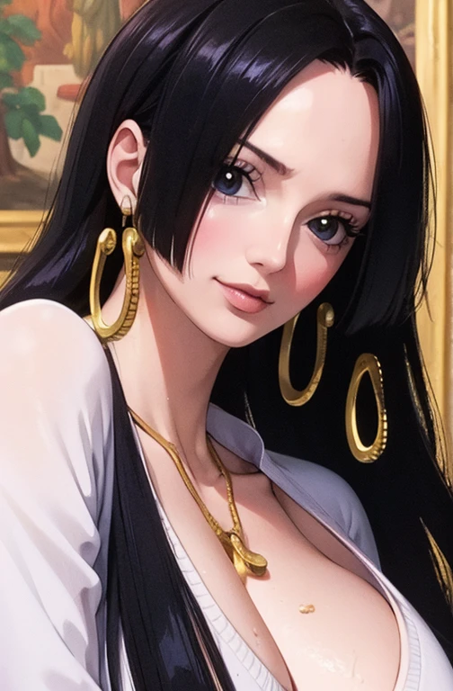 best quality, masterpiece, highly detailed,1girl, Boa Hancock, (masterpiece:1.5), Detailed Photo, Smiling, y, (8K, Photorealistic, Best Quality: 1.4), (1girl), Beautiful Face, (anime realistic Face), (Black Hair, long Hair: 1.3), Beautiful Hairstyle, Realistic eyes, beautiful detail eyes, (realistic skin), beautiful skin, (sweater), absurd, attractive, ultra high resolution, ultra realistic, high definition, golden ratio, (sexoused:1.5), wear a white bra