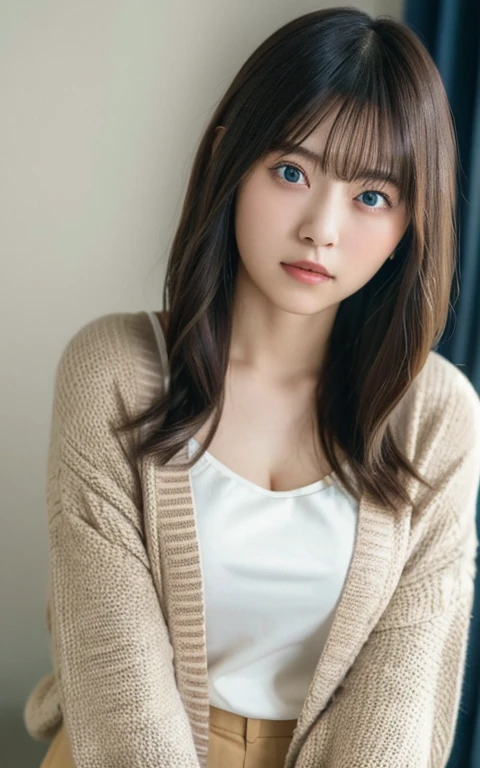 masterpiece, highest quality, 8k, 20th Generation, Large Breasts, cute, alone, sad, cute, Girlish, Delicate girl, Pure beauty, RAW Photos, Professional photography, Portraiture, Soft Light, Professional Lighting, Backlight, Head to Knee, avert your eyes, Sophisticated, Film Grain, (Eyes and facial details:1.0), Short floating hair, Beautiful, flowing hair, bangs, (Loose cardigan(Beige))、(Large Breasts:1.0)、You can see a little cleavage、Micro Mini Skirt、Voluptuous thighs、Dolly Makeup、Color Contact Lenses、One green eye、The other has blue eyes