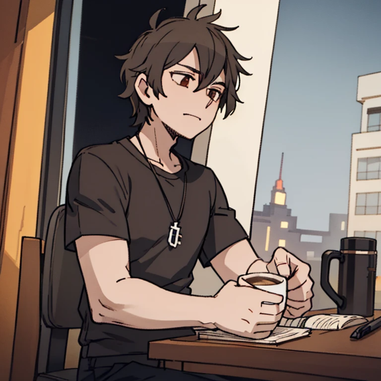 Young man wearing a black t-shirt, brown hair, messy hair, black eyelids, sleep deprived, holding a coffee mug at night, looking out the window.