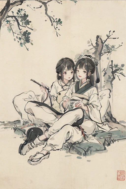 (masterpiece, Best quality: 1.2), Traditional Chinese ink painting, Green mountains, Simple composition, (Two people), Sitting