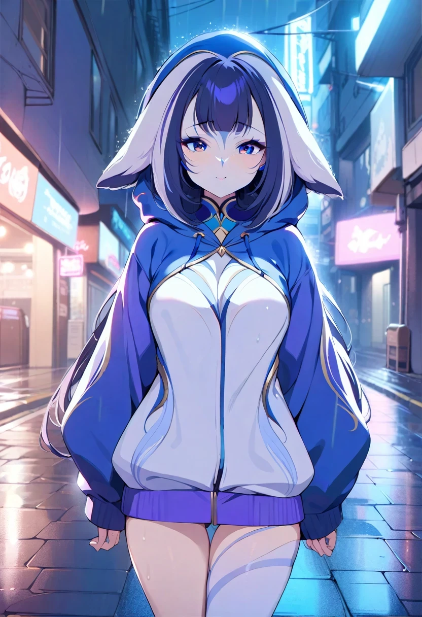 (shylily/(Twich/):1.5),(masterpiece:1.2),(best quality:1.2),masterpiece, Girl alone, Solitary, Ridiculous, Hoodies, earphone, street, outdoor, rain, neon,
