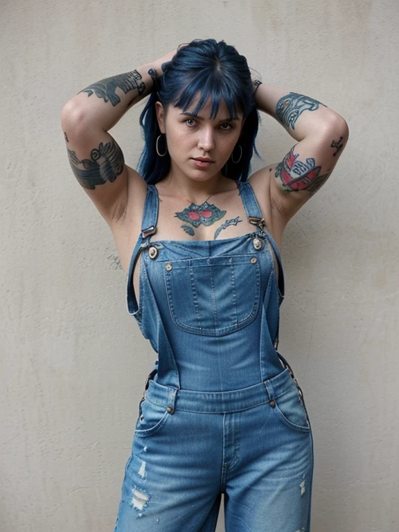 Xena tattooed on her arms dressed only in denim overalls with nothing underneath