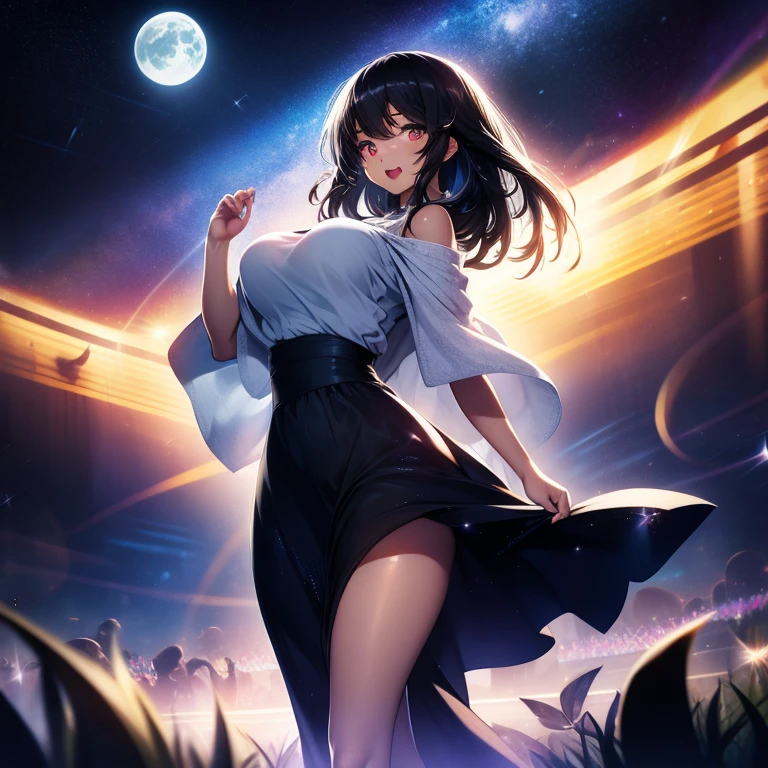 A beautiful Latin woman, her long black hair cascading down her shoulders, walks towards the moon with a short pre-wrinkled black dress that reveals no underwear. The scene is set against a vivid backdrop of shining stars, their twinkling lights illuminating the high-resolution, fotorrealista image. The upper part of her body is enlarged, showcasing her beautiful, brown skin and the detailed depiction of her limbs in motion as she walks. Her expression is one of pure awe, signaled by her wide-open mouth and bright eyes, which sparkle like the stars above. The white T-shirt she has on, billowing in the breeze, adds an all