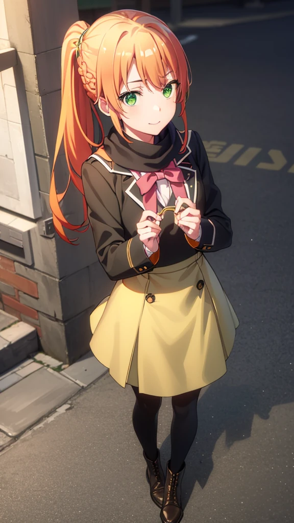 irohaisshiki, iroha isshiki, long hair, short braided hair,ponytail, orange hair, (green eyes:1.5), smile,Yellow muffler,Pink long coat　there is space in front,white sweater,black long skirt,black pantyhose,short boots,Asahi,campus life、Break outdoors on the way to school, University buildings,
break looking at viewer,
break (masterpiece:1.2), highest quality, High resolution, unity 8k wallpaper, (shape:0.8), (fine and beautiful eyes:1.6), highly detailed face, perfect lighting, Very detailed CG, (perfect hands, perfect anatomy),