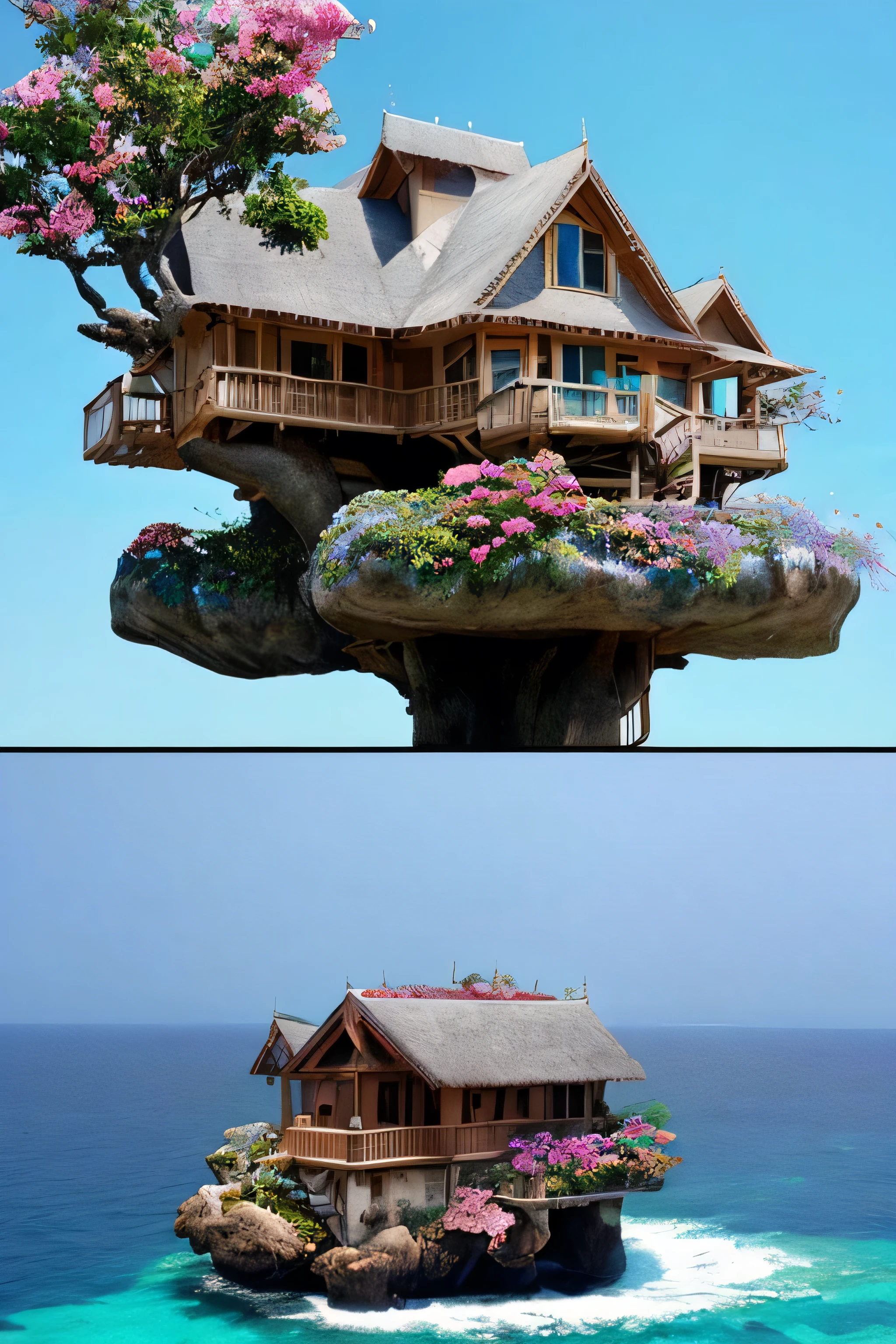 Perfection The Coolest tree house on a large rock in the middle of the sea with flowers in front of the house and trees on both sides of the house