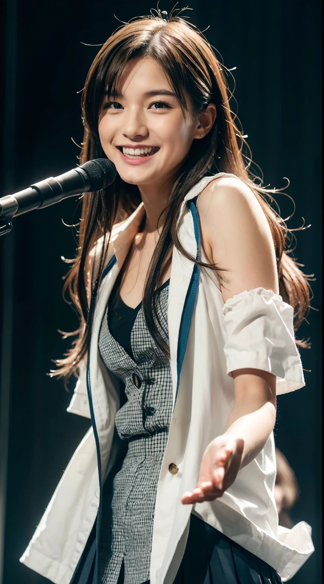 アイドルのようにとても可愛い16歳のhigh school student少女, Young face,Smiling Kindly,高校文化祭live、The uniform is designed to reveal cleavage、Singing on stage in uniform, Full body portrait, Natural light, Accurate, Anatomically correct, Textured skin, front lighting, f/1.0mm, fujifilm G FX 50R, Regina Display, Super Detail, Attention to detail, high quality, 最high quality, High resolution, Real、realism、Raw photo、Genuine、masterpiece、1080p, Guitar Heroine, Let's Rock, high school student,live