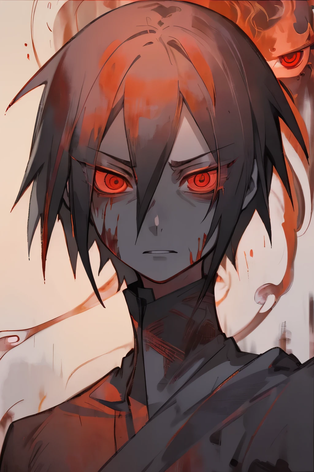 Sasuke uchiha with sharingan eyes, malcolm liepke painting on sensual illustration of an elegant samurai, riot games concept art beauty, eerie, the model draped in flowing, thick oil painting, extremely soft colors, vibrant, highly detailed, , oil on linen, high contrast, dramatic, refined, tonal, a close up of a man with a bloody face and red eyes, with glowing red eyes, with red glowing eyes, red glowing eyes, portrait demon half human, red eyes glowing, glowing red eyes, scary look, portrait of a sasuke with red eyes, red - eyed, red-eyed