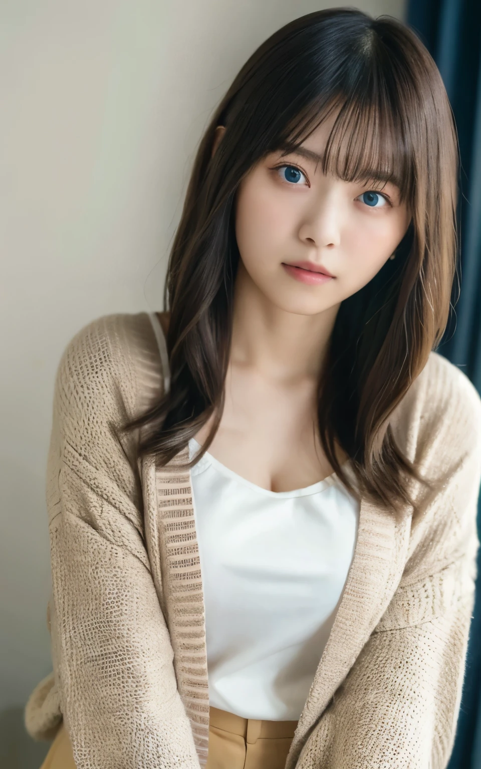 masterpiece, highest quality, 8k, 20th Generation, Large Breasts, cute, alone, sad, cute, Girlish, Delicate girl, Pure beauty,  RAW Photos, Professional photography, Portraiture, Soft Light, Professional Lighting, Backlight, Head to Knee, avert your eyes, Sophisticated, Film Grain, (Eyes and facial details:1.0), Short floating hair, Beautiful, flowing hair, bangs, (Loose cardigan(Beige))、(Large Breasts:1.0)、You can see a little cleavage、Micro Mini Skirt、Voluptuous thighs、Dolly Makeup、Color Contact Lenses、One green eye、The other has blue eyes