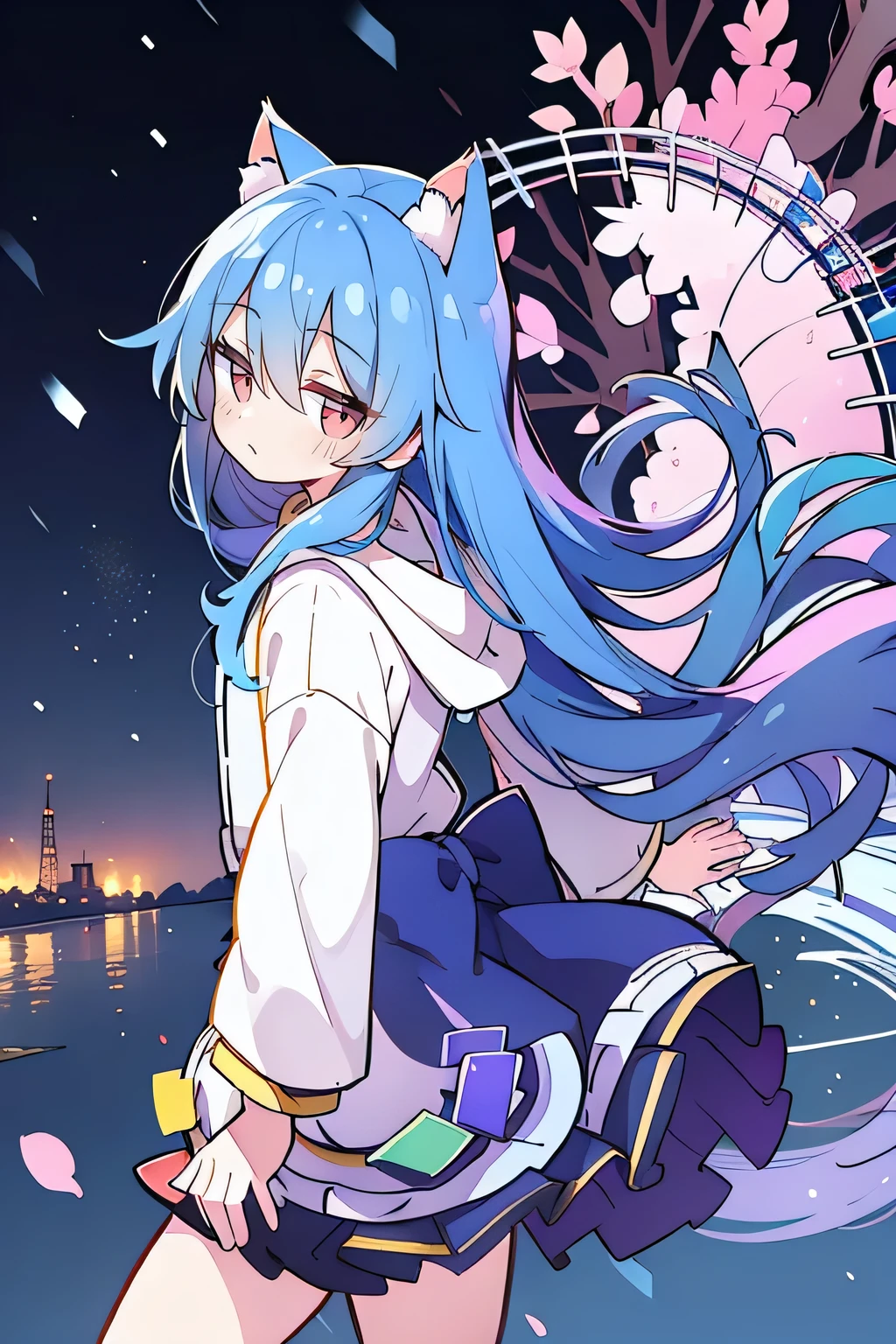 （masterpiece：1.2），Super detailed，lifelike，Expressive eyes，fair skin，perfect face shape，1 girl，
Japanese comics,Gorgeous blue hair,flowing blue hair,flowing clothes,Cat ears,Petals fall,beautiful lola,Baby Angel,
Shaking head with one hand，Cross your legs，Gentle and peaceful background，The pavilion is cool and comfortable,smile, wearing hoodie, background of tokyo,back views,snowing, winter.