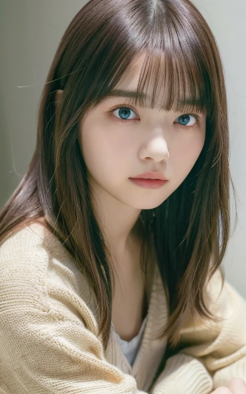 masterpiece, highest quality, 8k, 20th Generation, Large Breasts, cute, alone, sad, cute, Girlish, Delicate girl, Pure beauty, RAW Photos, Professional photography, Portraiture, Soft Light, Professional Lighting, Backlight, Head to Knee, avert your eyes, Sophisticated, Film Grain, (Eyes and facial details:1.0), Short floating hair, Beautiful, flowing hair, bangs, (Loose cardigan(pastel colour、Water color))、(Large Breasts:1.0)、You can see a little cleavage、Micro Mini Skirt、Voluptuous thighs、Dolly Makeup、Odd Eye、The left and right eyes are different々The color of