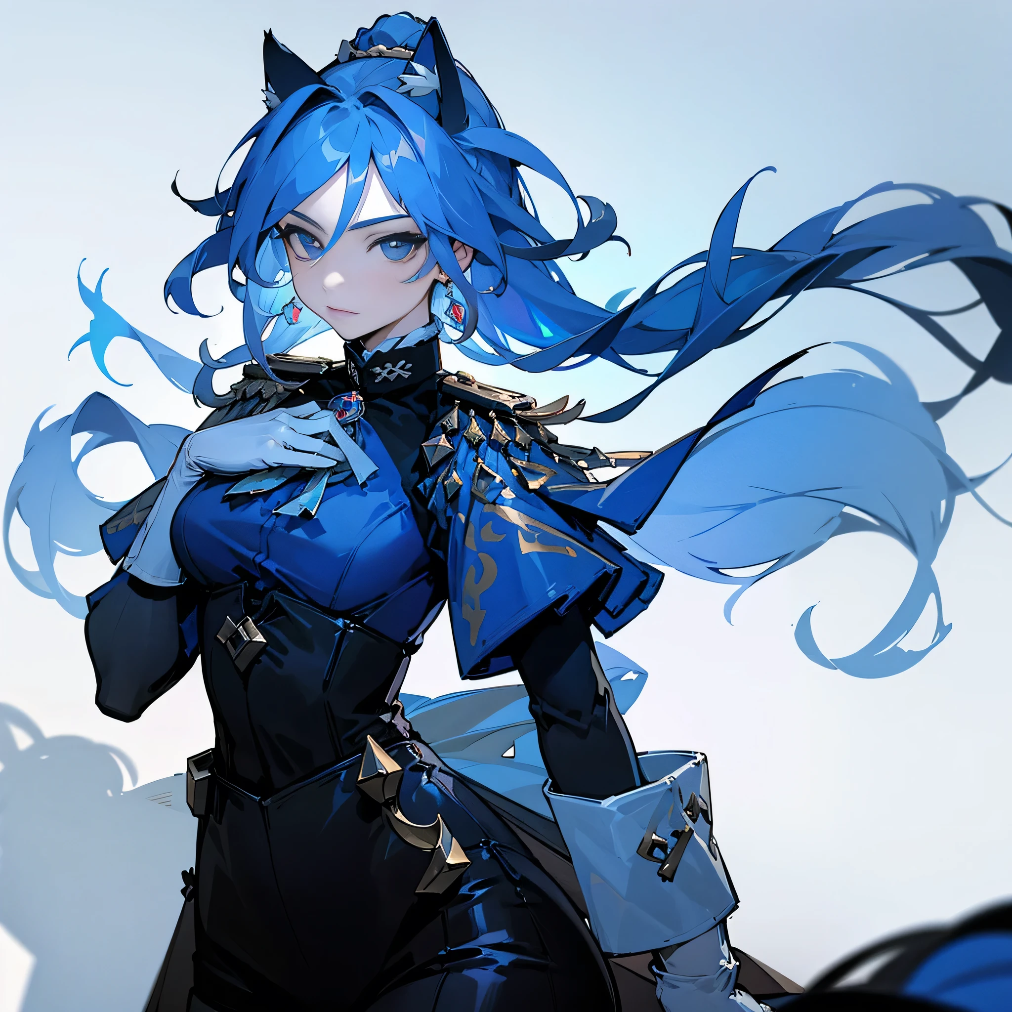 Perfect face，Beautiful blue pupils，Cat ear，lavender curls，Help with ponytail，Waist-length hair，High cold queen，Behave in a respectful manner，The left side of the hair is long and clipped with a white crescent-shaped hairpin, and the right side is short.（curls），Clothes are mainly blue and white，High waist pants