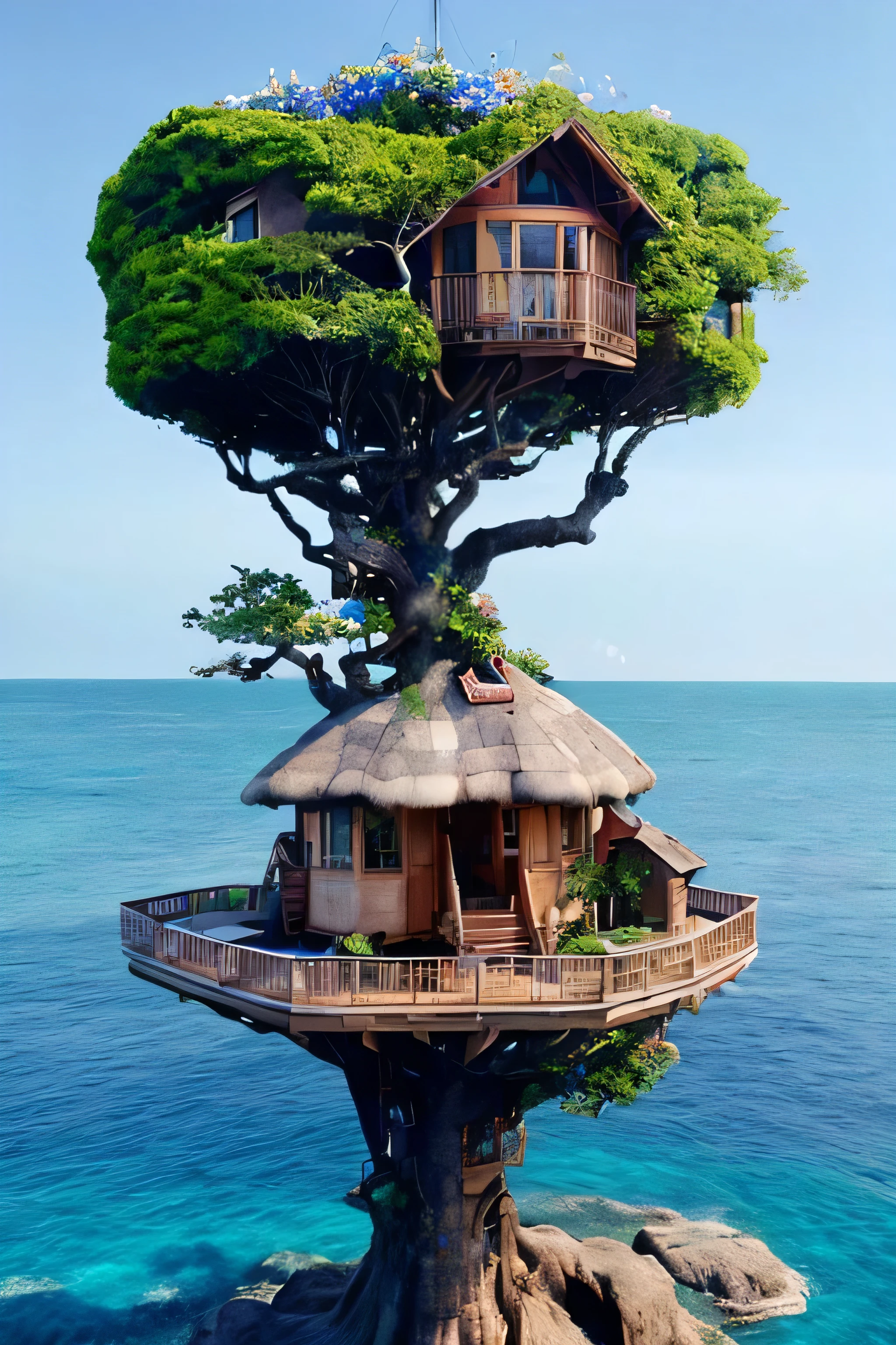 Perfection The Coolest tree house on a large rock in the middle of the sea with flowers in front of the house and trees on both sides of the house