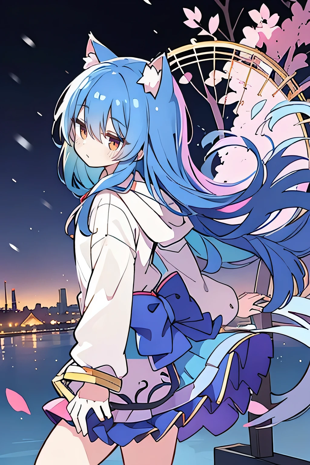 (masterpiece:1.2),Super detailed,lifelike,Expressive eyes,fair skin,perfect face shape,1 girl,
Japanese comics,Gorgeous blue hair,flowing blue hair,flowing clothes,Cat ears,Petals fall,beautiful lola,Baby Angel,
Shaking head with one hand,Cross your legs,Gentle and peaceful background,The pavilion is cool and comfortable,smile, wearing hoodie, background of tokyo,back views,snowing, winter.