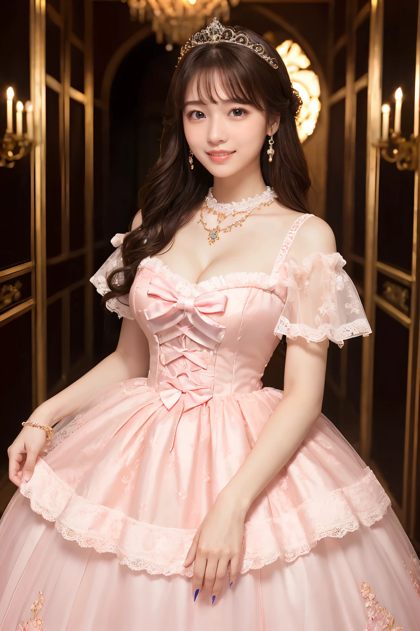 (highest quality、masterpiece、8k、Best image quality、Hyperrealism、Award-winning works)、1 cute ****ta princess、(alone:1.1)、(1 photo:1.1)、(Girly and cute luxury light pink ****ta princess dress:1.2)、(Cute big ribbon on the chest:1.1)、(The most extravagant and luxurious giant princess tiara:1.1)、(Huge jewellery:1.1)、(The most luxurious and finest giant princess jewelry necklace:1.1)、(A top-notch ****ta princess dress with intricate jewelry details:1.2)、(Very intricate and detailed lace decoration:1.1)、(A very intricate and elaborately decorated dress:1.1)、(The most extravagant ****ta princess dress with cute frills and ribbons:1.1)、(The most gorgeous ****ta princess dress with lovely lace decoration:1.1)、(Cute girly ****ta wavy hair:1.1)、(Short:1.1)、(height: 140cm:1.1)、(Very large breasts:1.2)、(Cleavage:1.1)、Lots of cute frills、Accentuate your body lines、Slender body、Standing Elegantly、(Beautiful gorgeous palace entrance background:1.2)、(very bright and vivid:1.1)、(Bright and shiny dress:1.2)、Standing Elegantly少女、Accurate anatomy、Perfect Makeup、Long eyelashes、Glossy Lips、Ultra HD glossy skin、(Ultra-high resolution, bright and beautiful skin:1.3)、超高精細のGlossy Lips、Ultra-high resolution beautiful teeth、Ultra HD beautiful light brown hair、(Body facing forward:1.1)、(Front view:1.1)