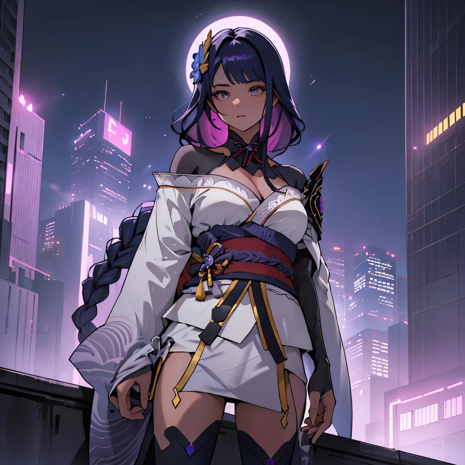 anime, (obra de arte, melhor qualidade, ultra-detalhado, alto contraste), 1 mulher (Sozinho, corpo todo, corpo plus size, standing on the edge of the skyscraper, cabelo prateado, CABELO LONGO E FLUXO, olhos vermelhos brilhantes de rubi, (Kimono preto, black cybernetics with neon pink), meias pretas transparentes), (skyscraper roof, com vista para uma cidade, fundo detalhado ((night time, Darkness, low light pollution)))